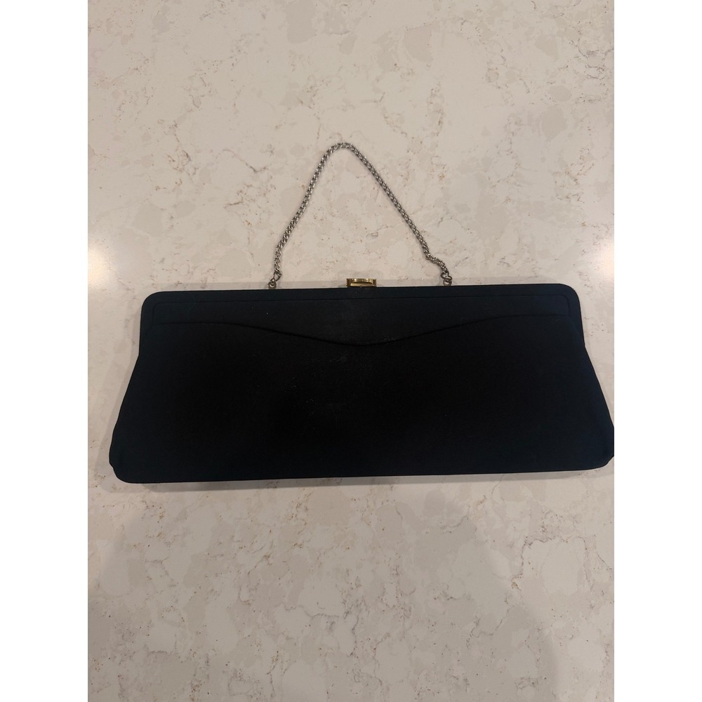 Vintage Black Fabric Clutch Handbag with Silver Chain Strap and Peach Lining